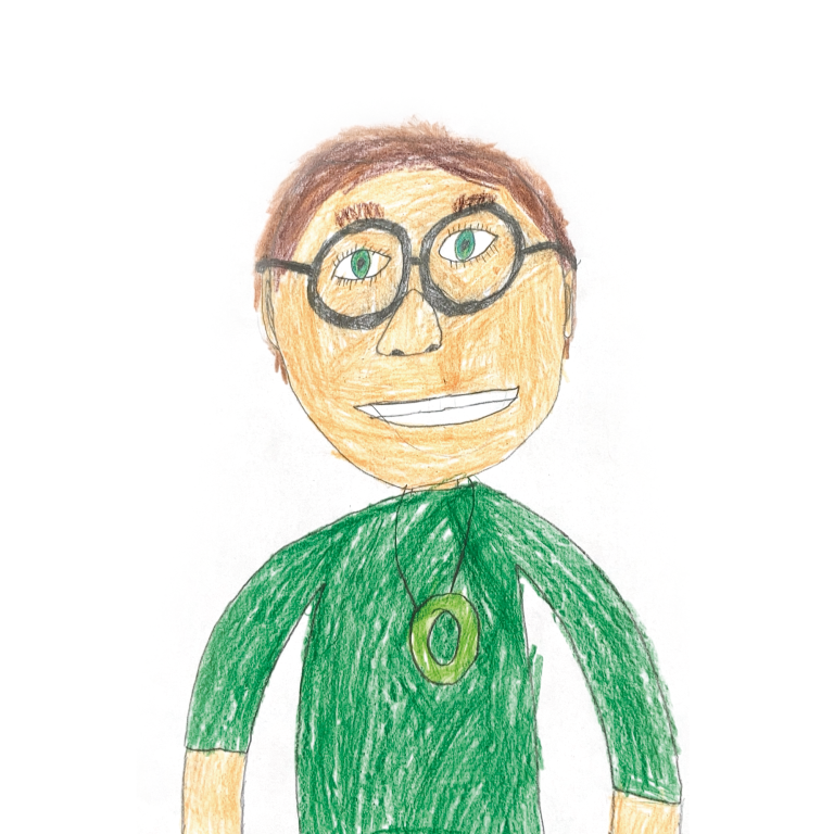 Erica Graich Bunt gezeichnete Figur mit Brille, braunen Haaren und grünem Shirt.