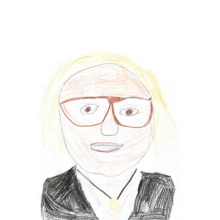 Sandra Wirth Kindliche Zeichnung eines Menschen mit blonden Haaren und einer Brille.