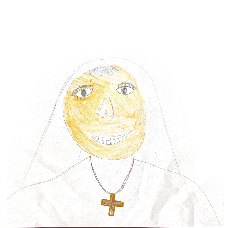 Schwester Margarete Bail Zeichnung einer lächelnden Nonne mit Kreuzanhänger.