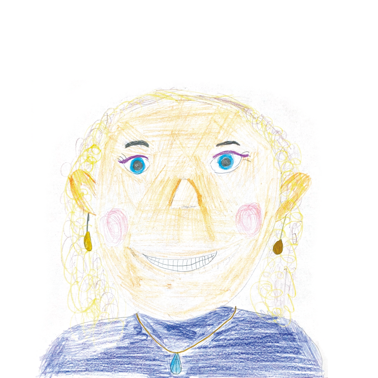 Marcella Osdarty Bunt gemalter Kopf einer Person mit blonden Haaren und blauen Augen, lächelt freundlich.