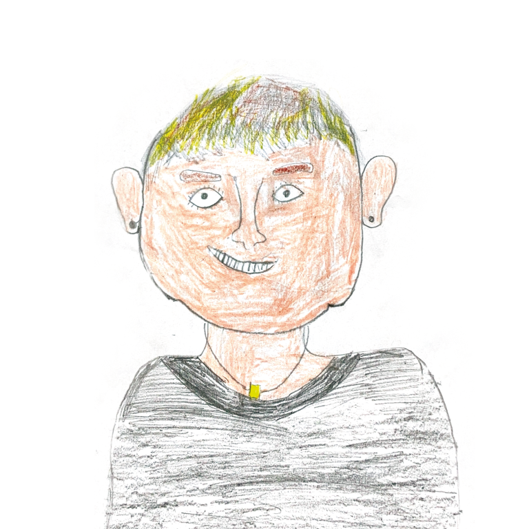 Birgit Reuß Ein farbenfrohes Kinderporträt einer lächelnden Person mit kurzem, hellen Haar.