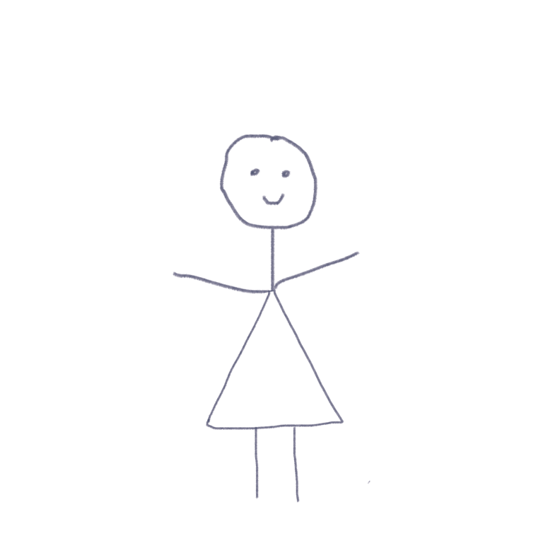 Christine Erdt Ein stick-figure mit rundem Kopf, lächelndem Gesicht und einem Kleid.