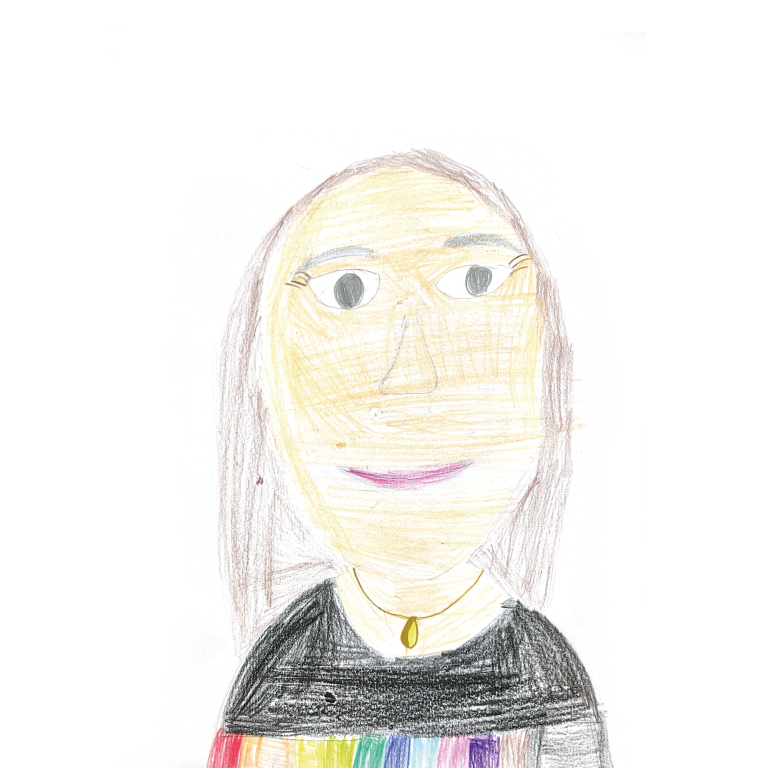 Yvonne Wagner Kinderzeichnung einer Person mit langen Haaren und einem bunten Oberteil.