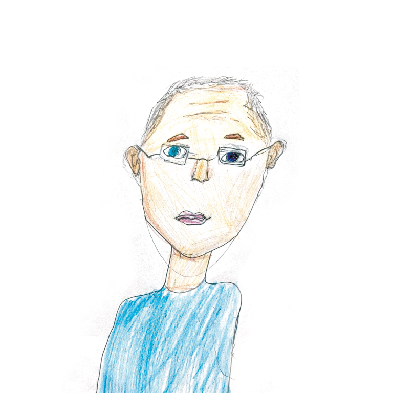 Werner Kirchmeir Eine gezeichnete Figur mit Brille und grauen Haaren, trägt ein blaues Oberteil.