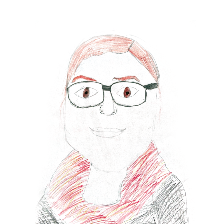 Nicole Seibold Ein einfaches, handgezeichnetes Porträt einer Person mit Brille und rötlichem Haar.