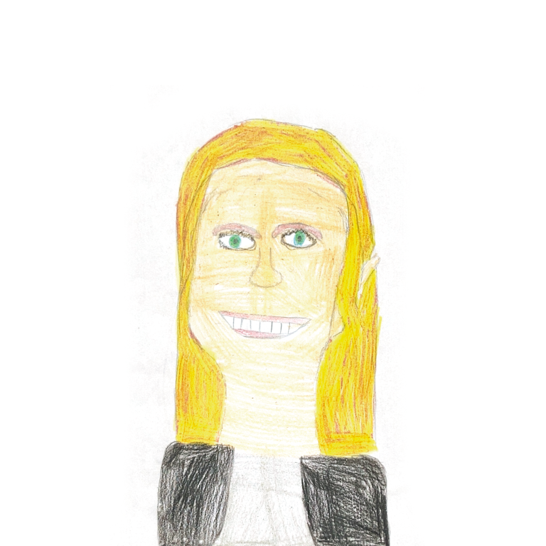 Lena Krug Bunt gezeichnetes Porträt einer lächelnden Person mit blonden Haaren und grünen Augen.