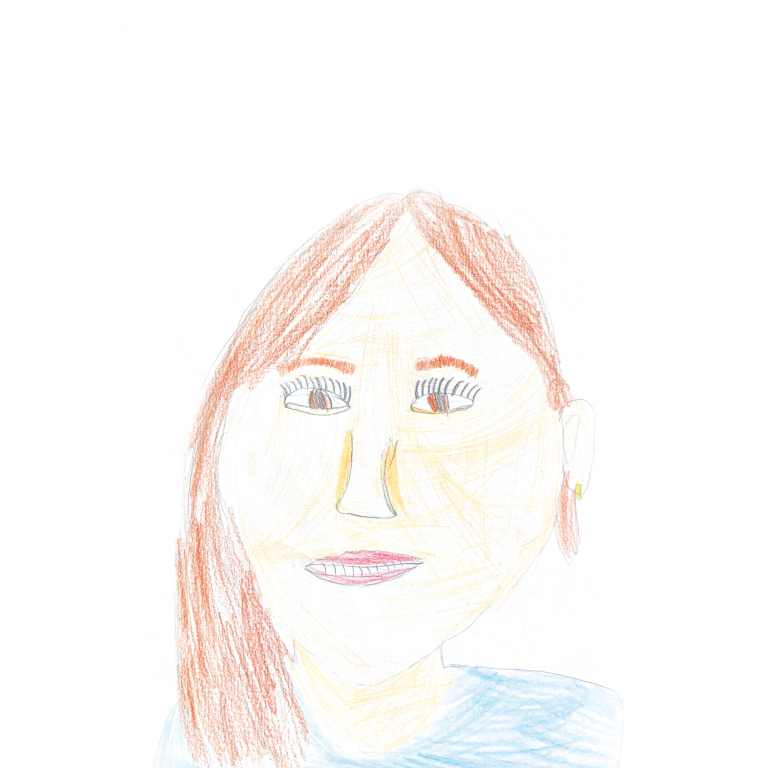 Bianca Günzer Bunt gezeichnetes Porträt einer Frau mit langen, braunen Haaren und einem neutralen Gesichtsausdruck.