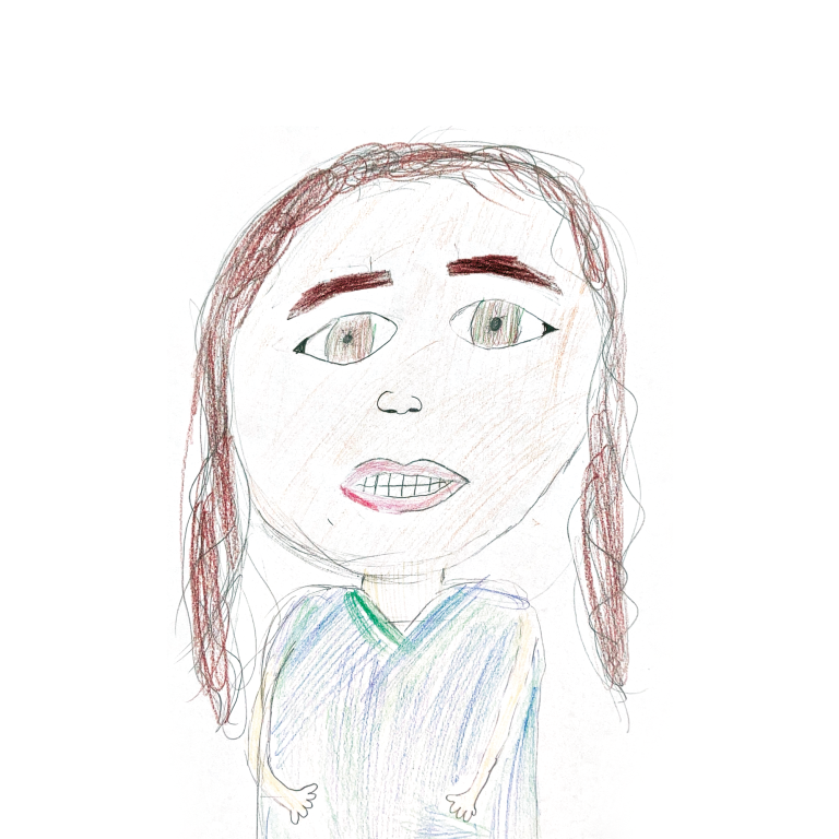 Gergana Stateva Kinderzeichnung eines Mädchens mit braunen Haaren und einem unsicheren Ausdruck.