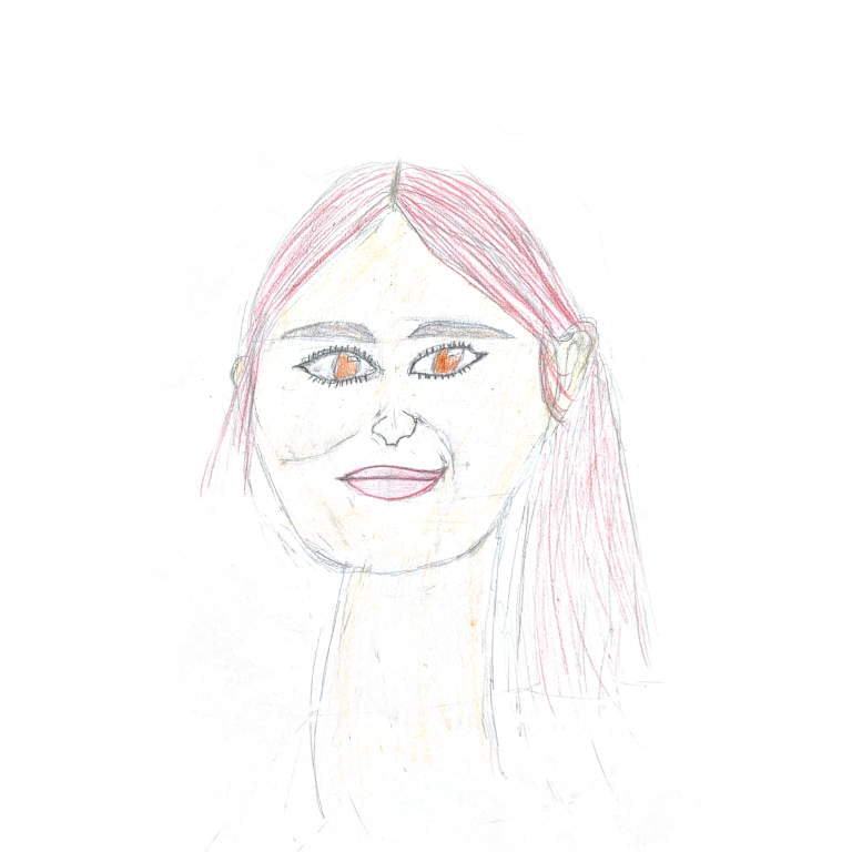 Susanne Riedler Zeichnung einer Frau mit langen, pinken Haaren und braunen Augen.