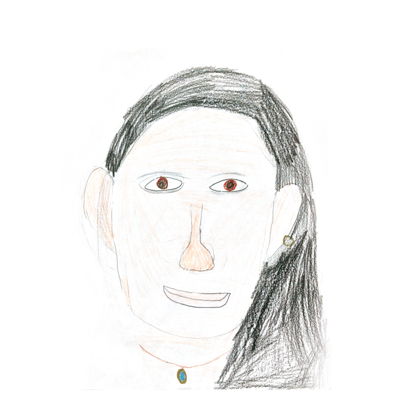 Michaela Steppich Eine kinderfreundliche Zeichnung eines Gesichts mit langen Haaren und roten Augen.